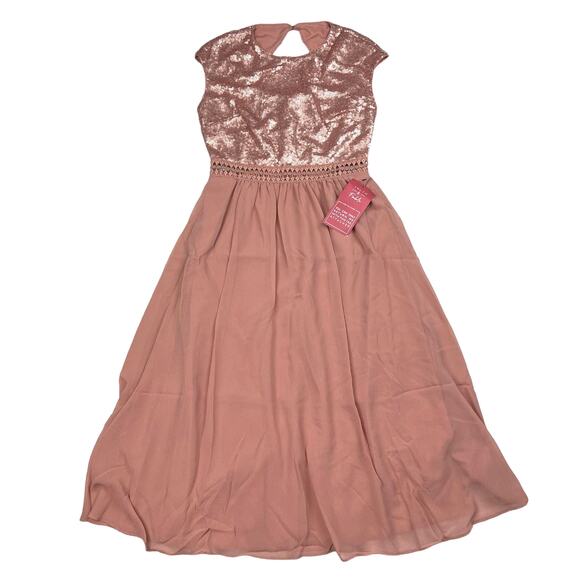 Truth & Fable Women's Small Pink Short Sleeve Sequin Chiffon Long Formal Dress - Picture 1 of 13